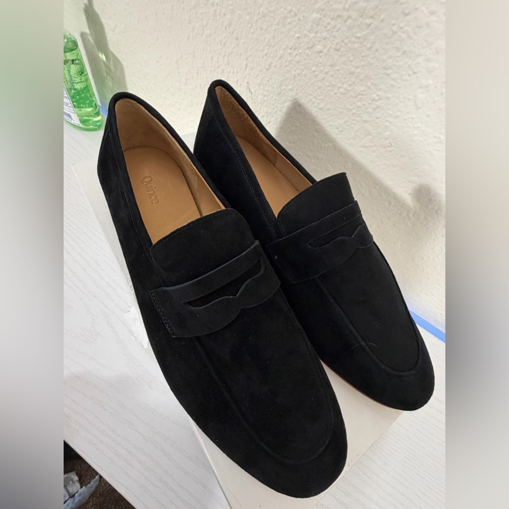Quince Women's Italian Suede Penny Loafers Luxury Comfort Shoes in black. NWT - Picture 9 of 13